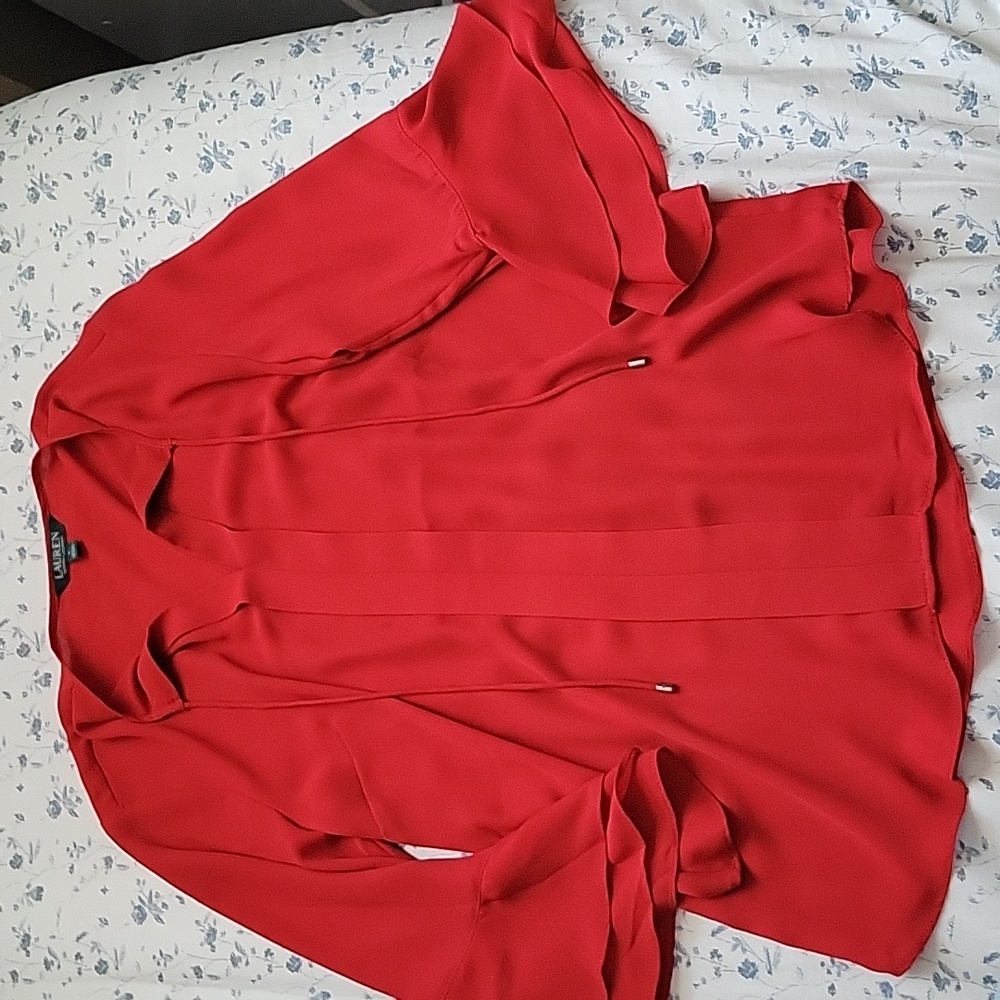 Red bell sleeve Ralph Lauren blouse with neck tie